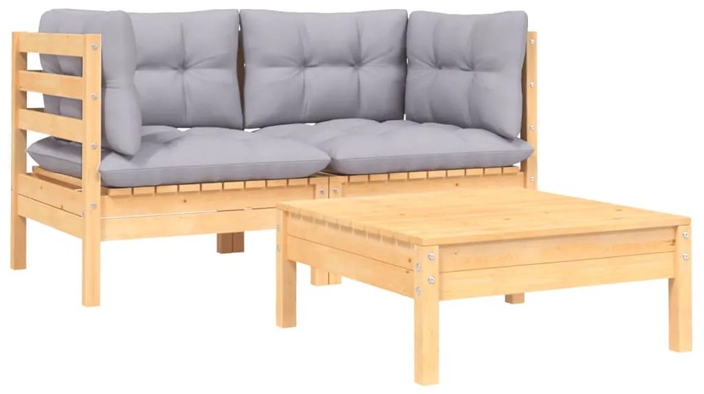 3 pcs conj. lounge jardim c/ almofadões cinzentos pinho maciço