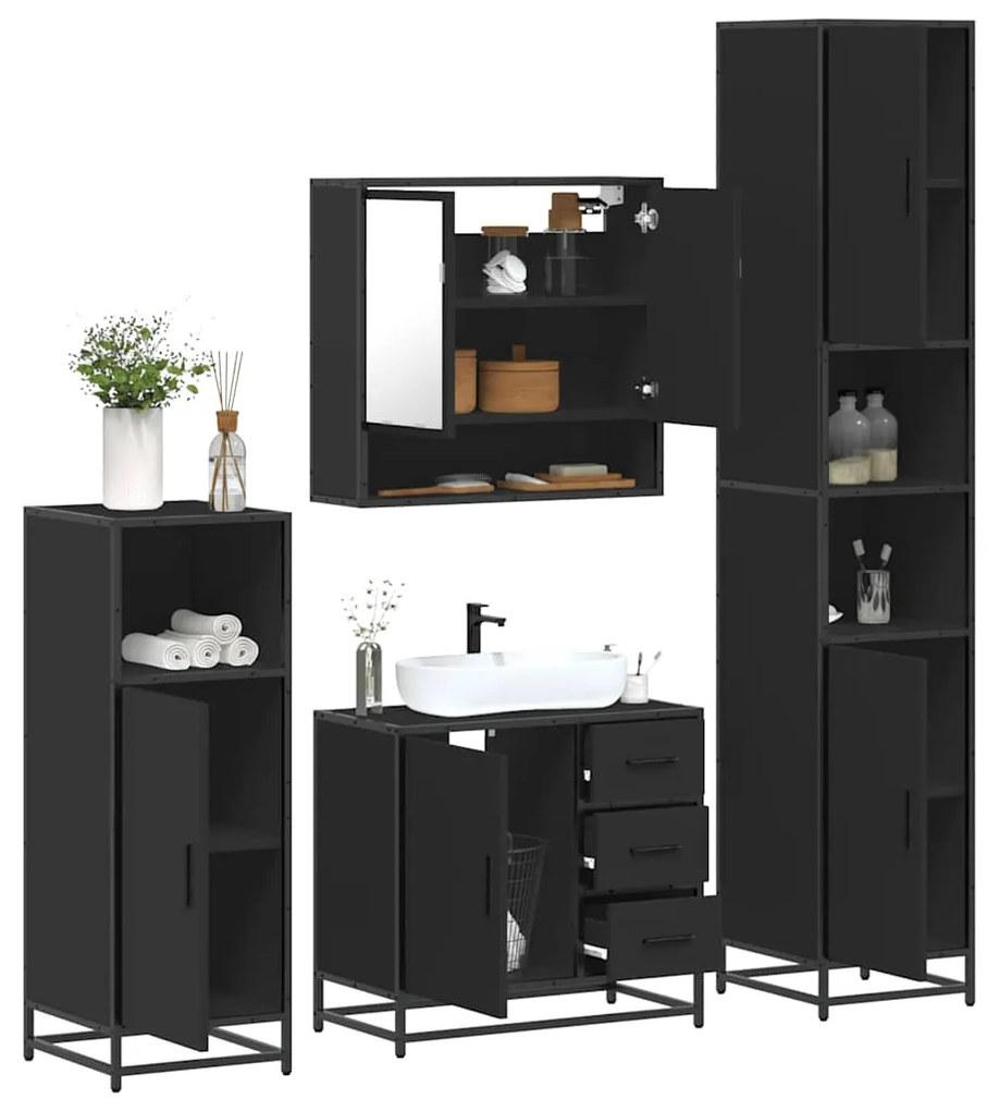 vidaXL 4 pcs conjunto móveis casa de banho derivados de madeira preto