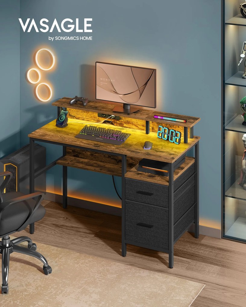 Secretária escritório com gavetas, com iluminação LED, 2 tomadas e 2 portas USB 120 x 90 x 55 Cm castanho vintage
