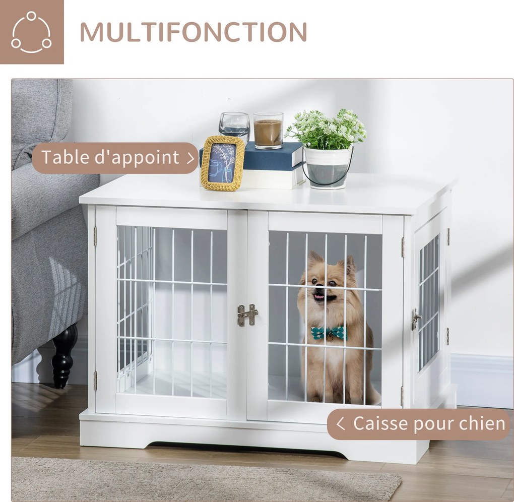 Gaiola para cães 2 em 1: mesa auxiliar e gaiola com 2 portas com fechadura 76 x 54,5 x 56 cm - Metal e MDF