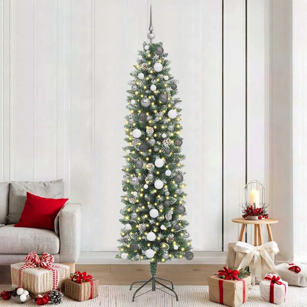 vidaXL Árvore Slim de Natal Artificial Verde e Branco 210 cm