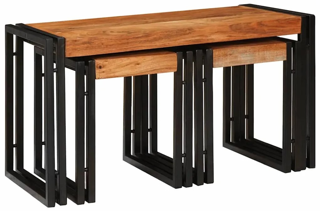 Mesas de canto 3 pcs Marrom e Preto Madeira de acácia maciça