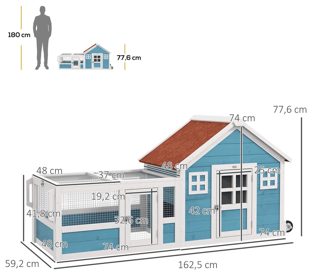 Coelheira Exterior de Madeira 162,5x59,2x77,6 cm Gaiola para Coelhos Grande com 2 Janelas Rodas Rampa e Teto Asfáltico Azul