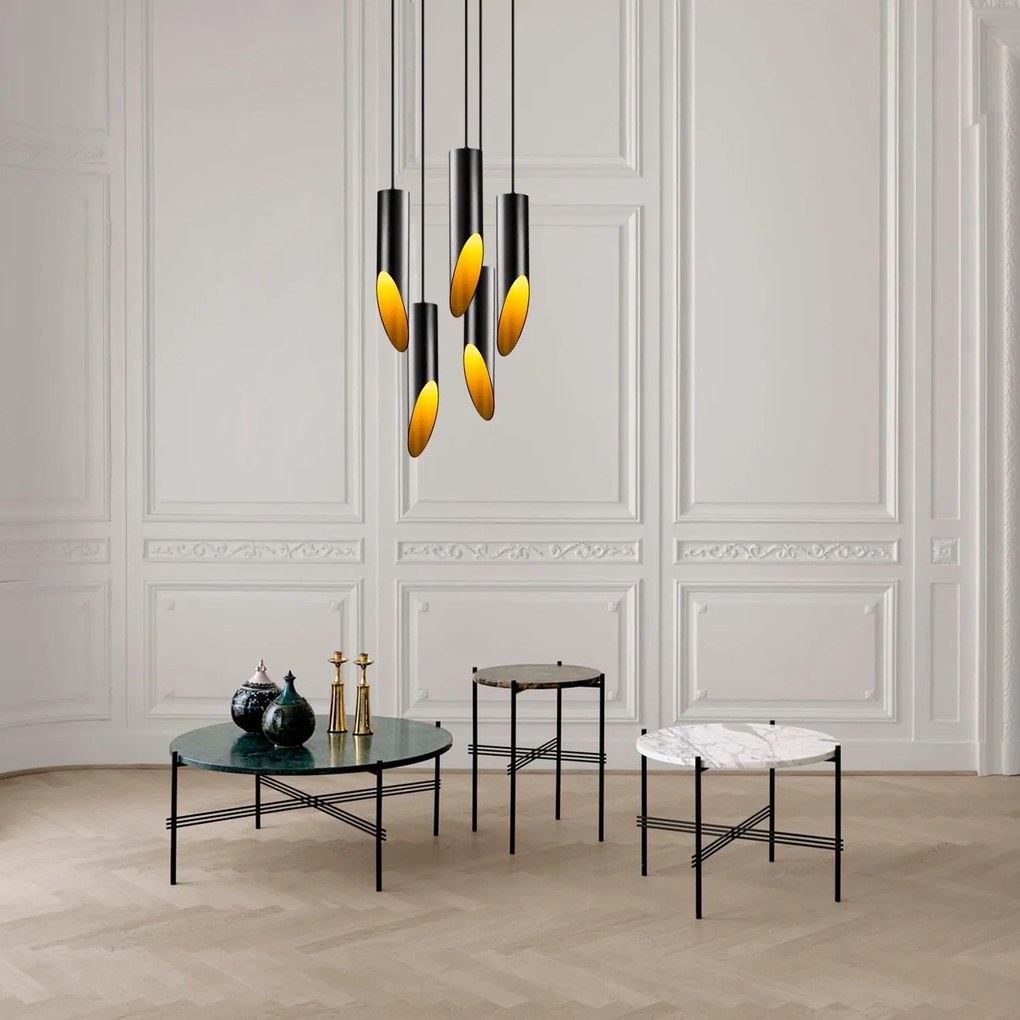 Candeeiro de Teto Kesik – Preto e Dourado – Diâmetro 43 cm, Altura 135
