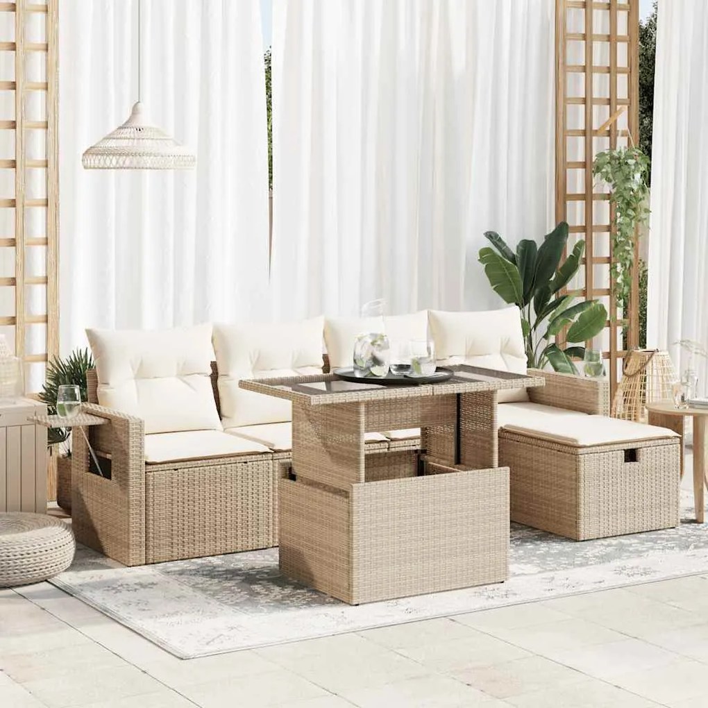 vidaXL 6 pcs conjunto de sofás p/ jardim com almofadões vime PE bege