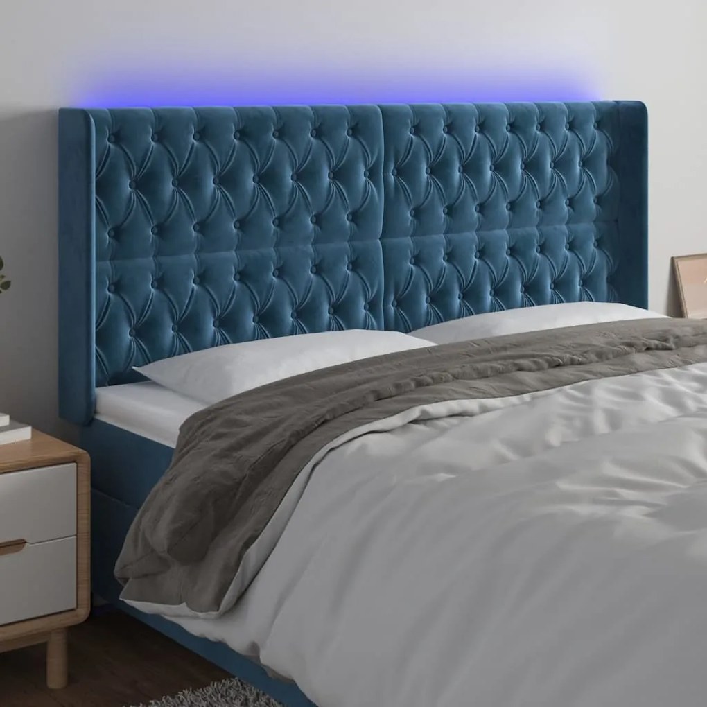 Cabeceira cama c/ luzes LED veludo 183x16x118/128cm azul-escuro