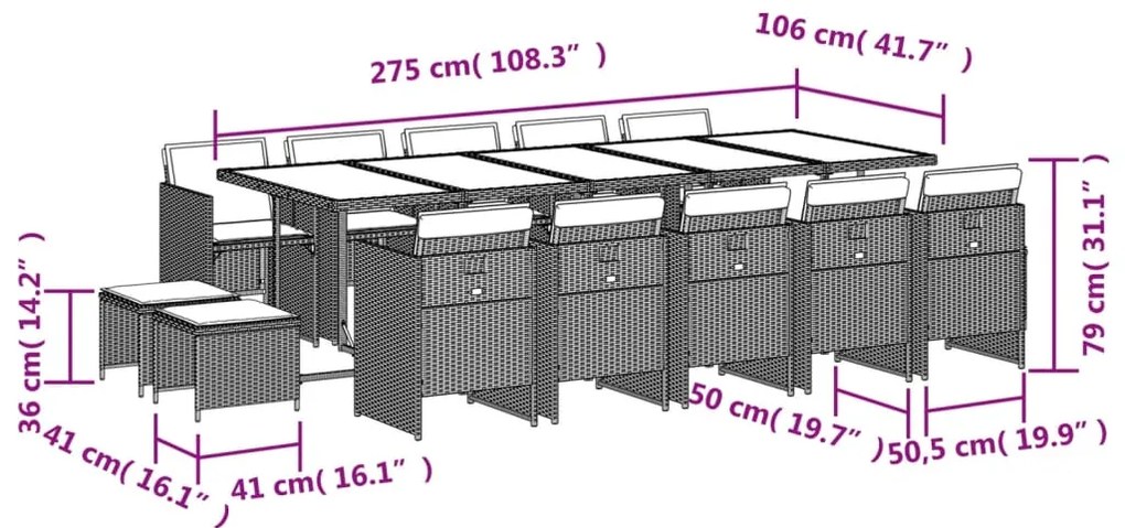15 pcs conjunto de jantar p/jardim com almofadões vime PE preto