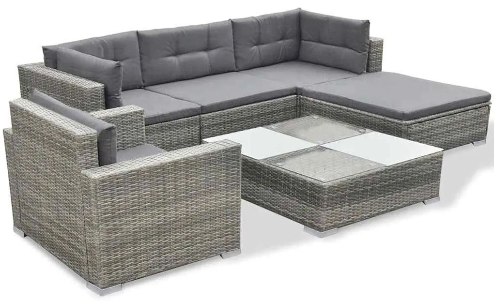 6 pcs conjunto lounge de jardim c/ almofadões vime PE cinzento
