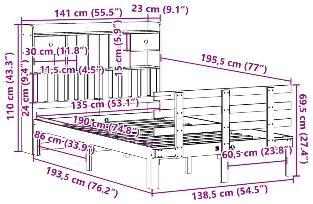 Cama com estante sem colchão 135x190 cm pinho maciço