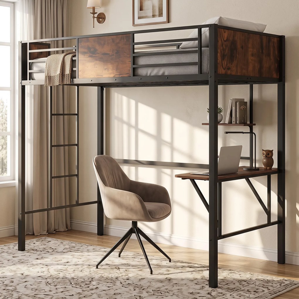 Cama infantil Alta com Secretária, 208 x 94 x 174 cm, Estrutura Metálica Reforçada, Castanho+Preto