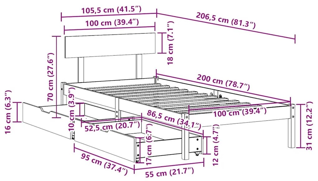 Cama sem colchão 100x200 cm madeira de pinho maciça branco