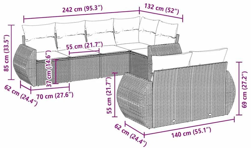 7 pcs conj. sofás jardim com almofadões vime PE cinzento-claro
