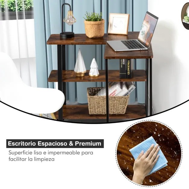 Secretária Mesa de Computador em Estilo Industrial com Rodas e Superfície Móvel e Estrutura Metálica para 80 x 30 x 67 cm Castanho Rústico