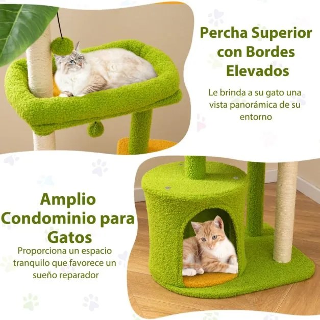 Arranhador para gatos com 122 cm de altura com vários níveis e folhas artificiais com Postes para arranhar de sisal  Verde e Laranja
