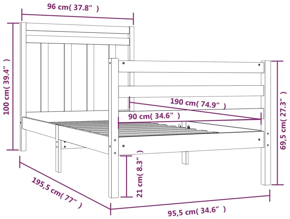 Estrutura de cama solteiro 90x190 cm madeira maciça