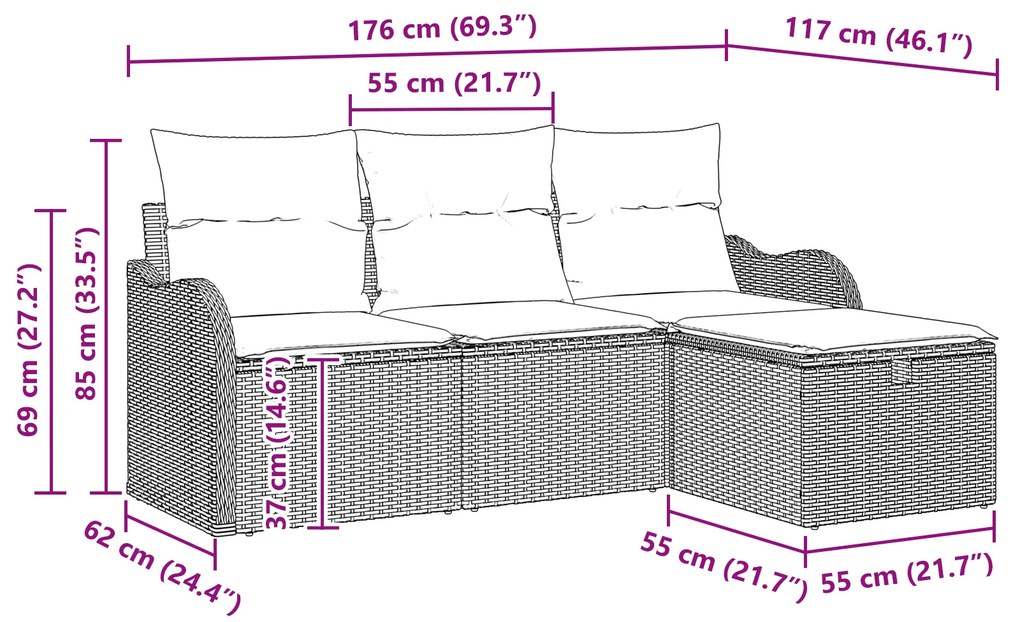 Conjunto de Sofá de Jardim vidaXL 4 Peças com Almofadas Cinza Polirata