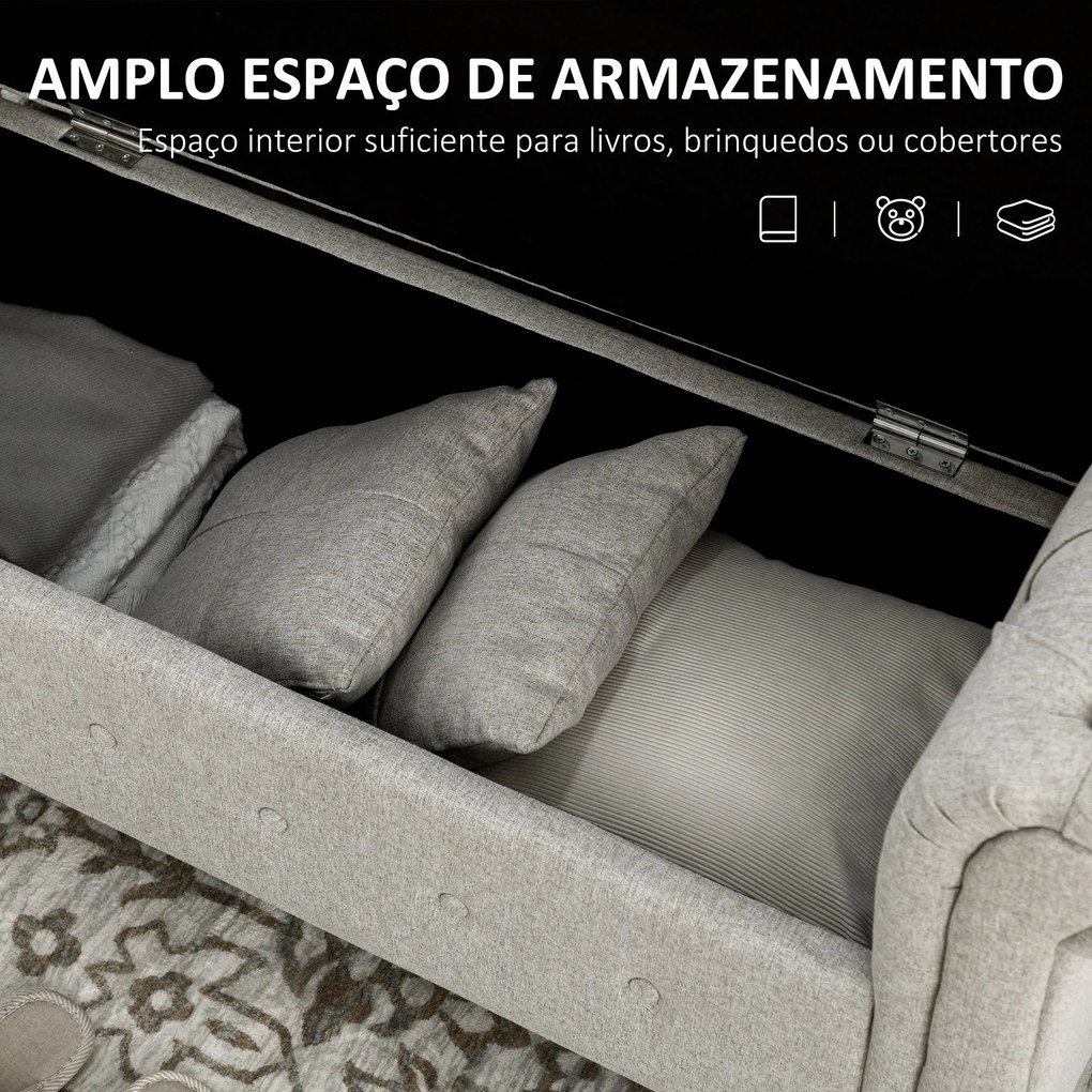 Banco de Pé de Cama Banco de Armazenamento de Linho com Dobradiças na Tampa Pés de Madeira e Apoio para os Braços para Dormitórios Sala de Estar Corre