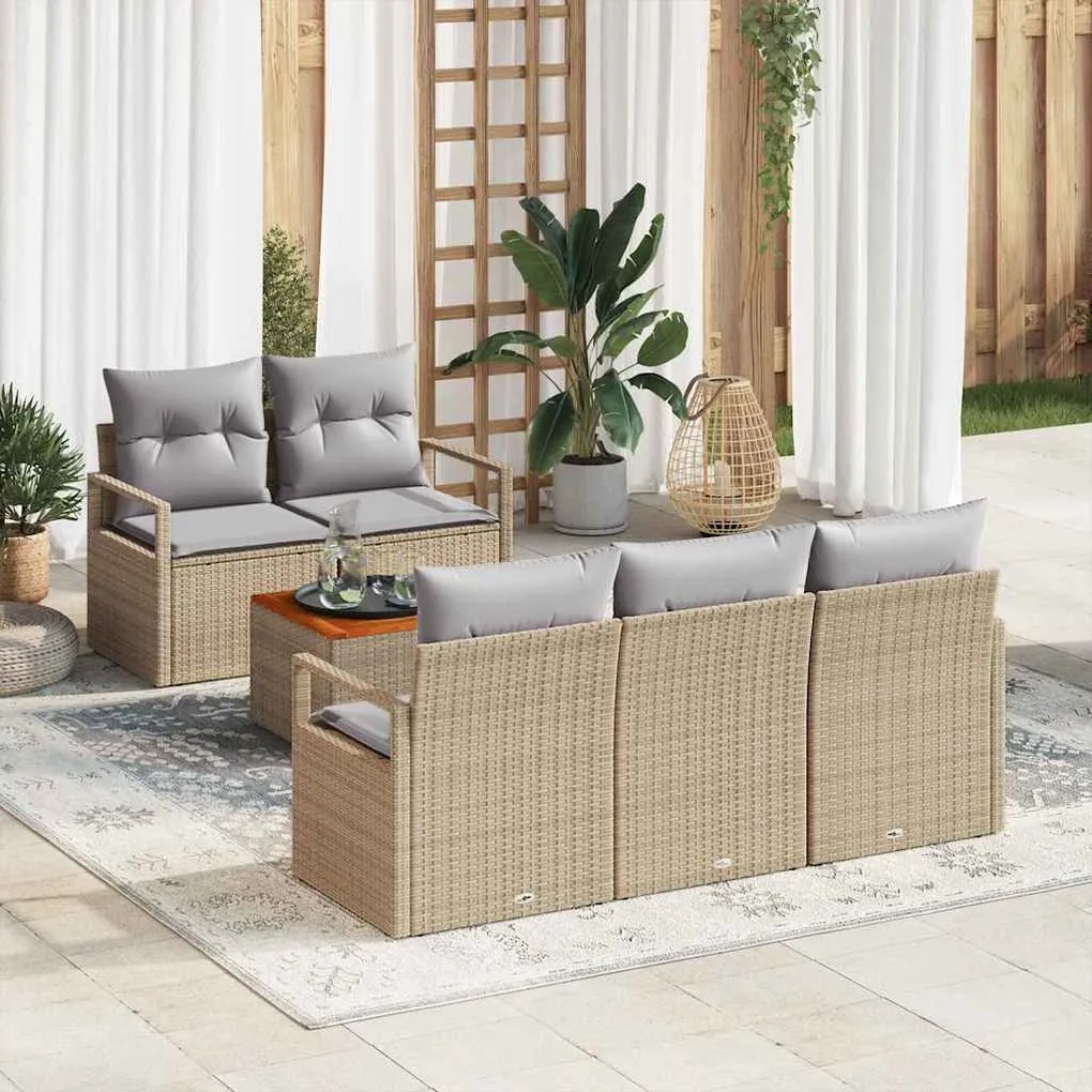vidaXL Conjunto de Sofá de Jardim 6 Peças com Almofadas Bege e Ratan Acácia.
