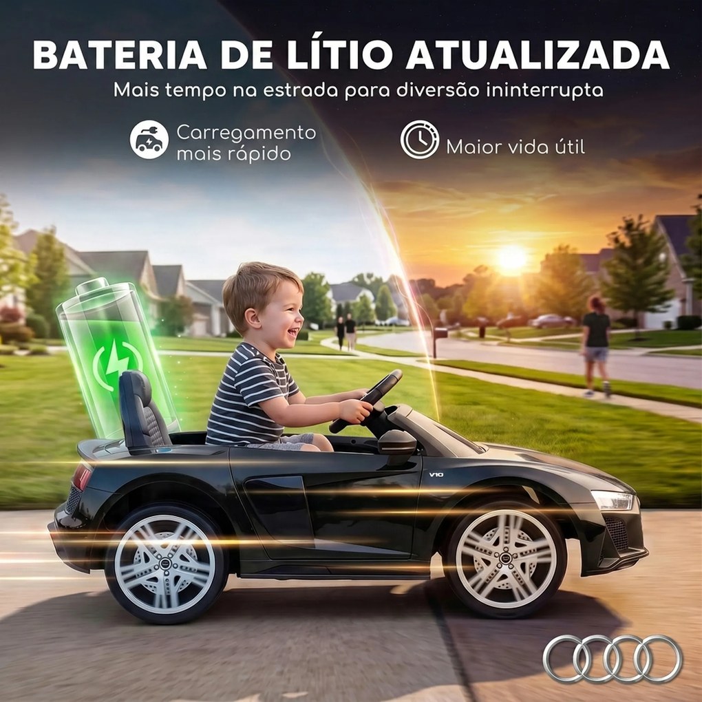 Carro Elétrico Infantil 2 a 5 anos Audi R8 Spider12 V com Comando à Distância 2,4 GHz 2 Motores Arranque Suave e Suspensão Traseira Preto