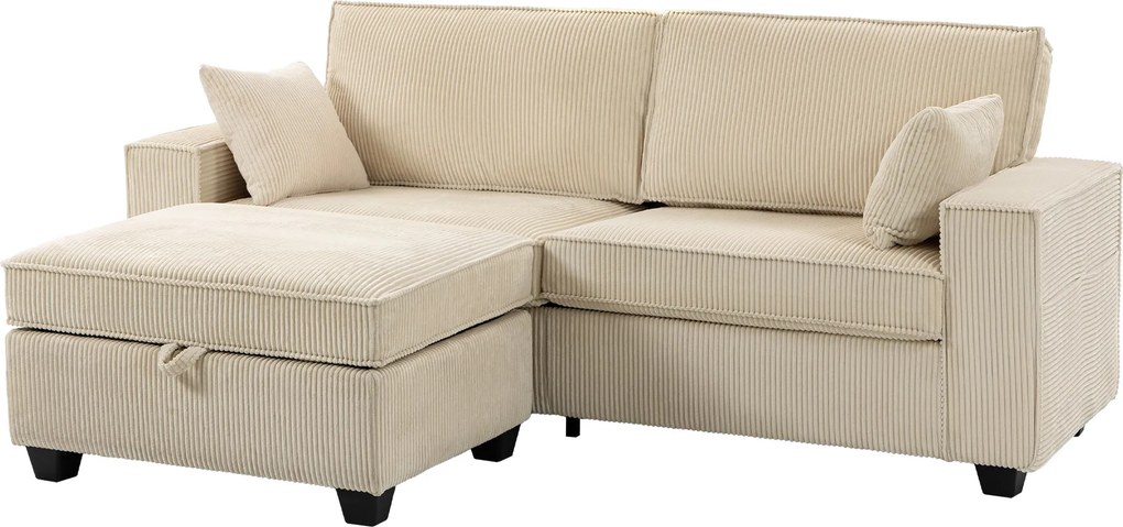 Sofá de 3 lugares 216x 151 x 94 cm com pufe com espaço de arrumação, sofá de canto em veludo canelado, assento largo, 2 almofadas, bege