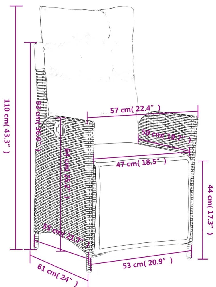 5 pcs conjunto de jantar p/ jardim c/ almofadões vime PE cinza