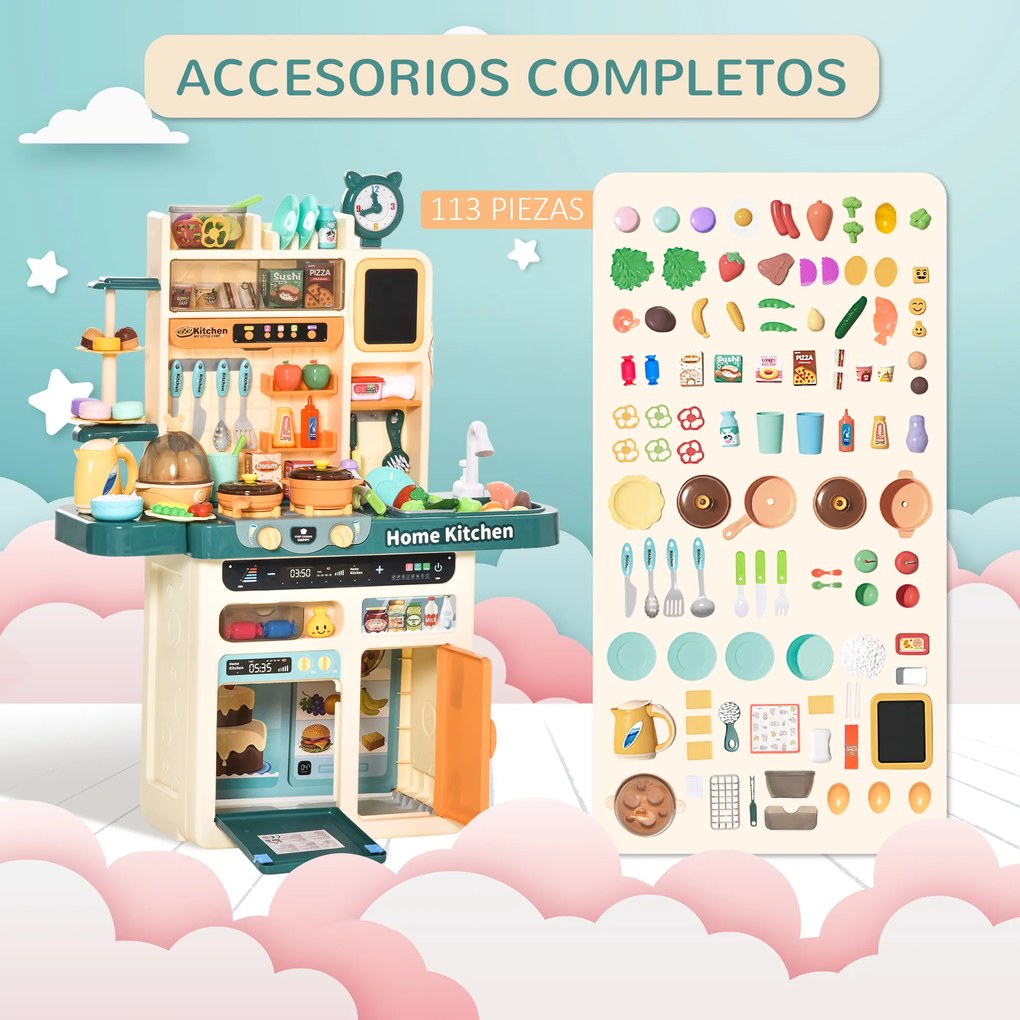 HOMCOM Cozinha de Brinquedo para Crianças acima de 3 Anos com Luz Sons Água Vapor Lousa 113 Acessórios Incluidos Cozinha Infantil Educativa 70x32x92,2cm Multicor