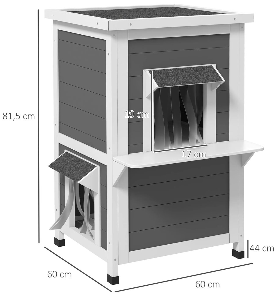 Casa para Gatos de Madeira 60x60x81,5 cm de 2 Níveis com Cortina e Portas com Beirais Impermeáveis Cinza e Branco