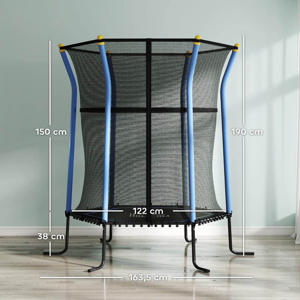 Trampolim infantil Ø 1,63 x 1,9 m com rede de segurança, porta com fecho de correr e 6 postes almofadados incluídos, azul e preto