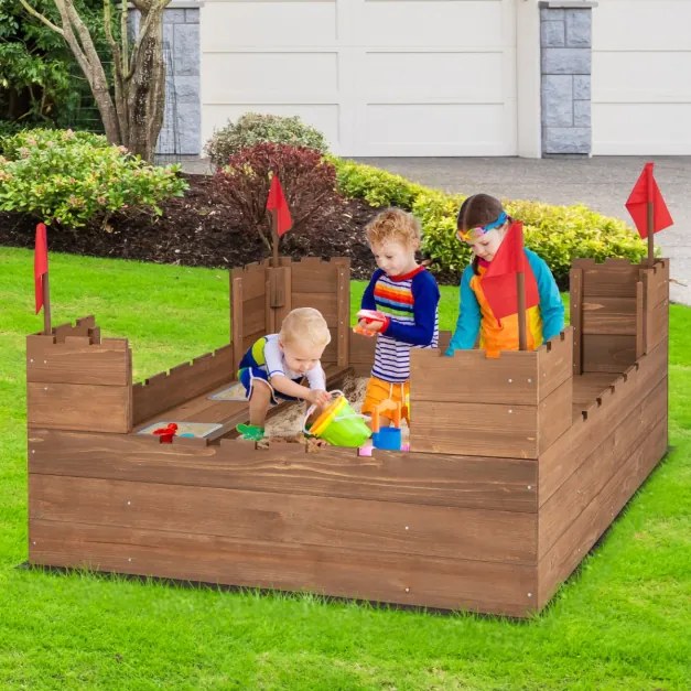 Caixa de areia de madeira para crianças a partir de 3 anos com caixa de armazenamento de banco e bandeiras para jardim e praia 113 x 116 x 75 cm Casta