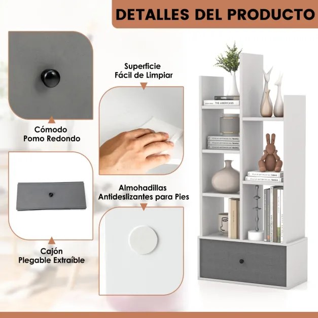 Estante de 7 níveis com gaveta e 7 compartimentos Estante de madeira para sala de estar Quarto 53 x 24 x 118 cm Branco