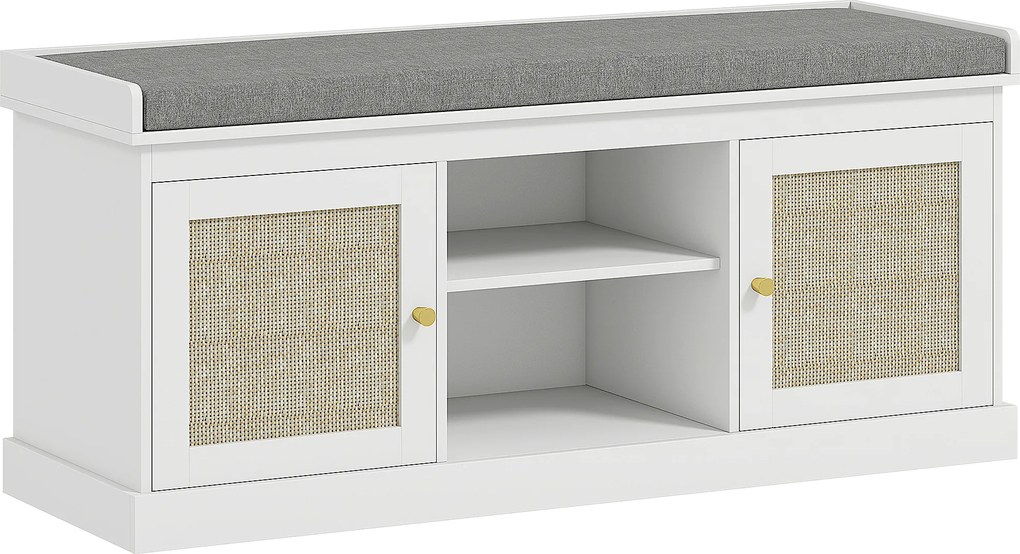 HOMCOM Banco Sapateira com Assento Acolchoado Portas em Vime e Prateleira Aberta para 9 Pares de Sapatos 105x35x47 cm Branco | Aosom Portugal