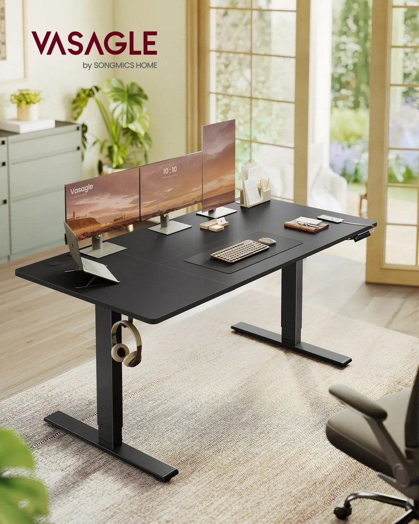 Secretária elétrica com altura ajustável 160 x 80 x (72-120) cm, porta USB e função de memória Preta