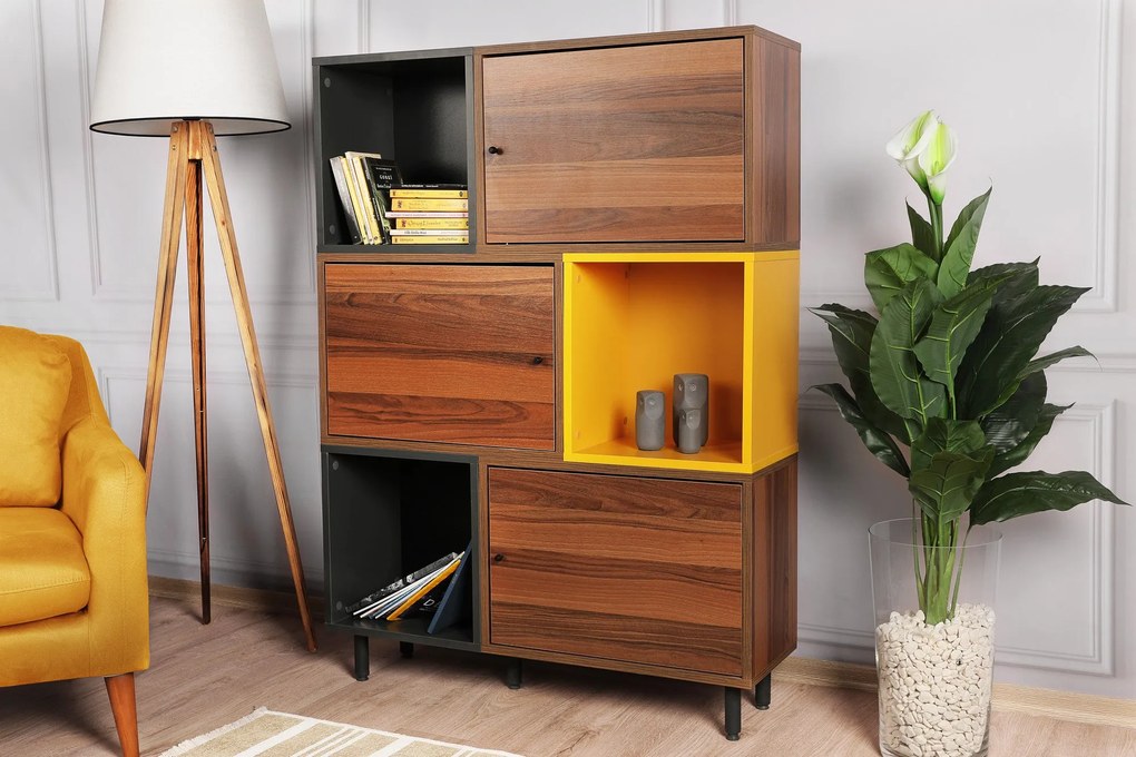 Estante Bengu – Nogueira, Antracite, Amarelo – 110x140x30 cm