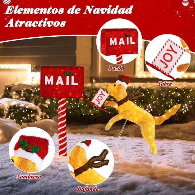 Caixa de correio natal e cão com 120 luzes LED Decoração natal iluminada com abraçadeiras e estacas para jardim 168 x 21 x 108 cm Vermelho