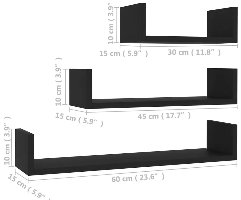 Prateleira de parede 3 pcs derivados de madeira preto