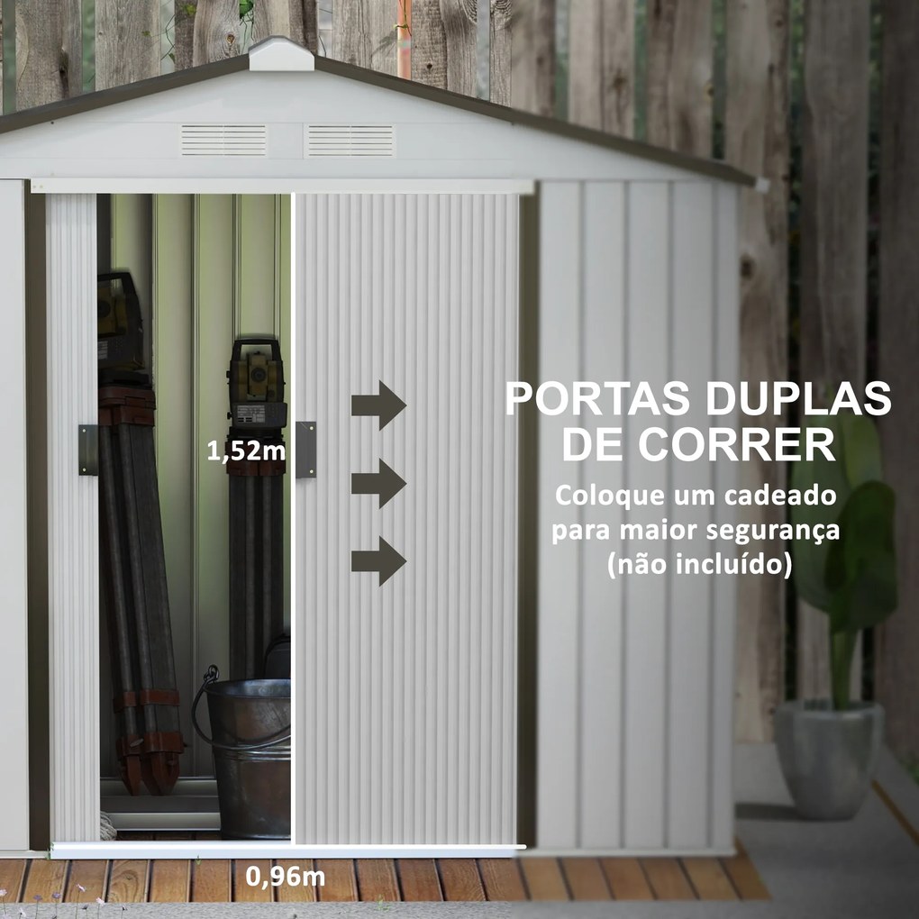 Abrigo de Jardim 213x130x185cm Abrigo de Jardim Metálico de Exterior com 2 Portas Deslizantes e 4 Janelas Branco e Cinza