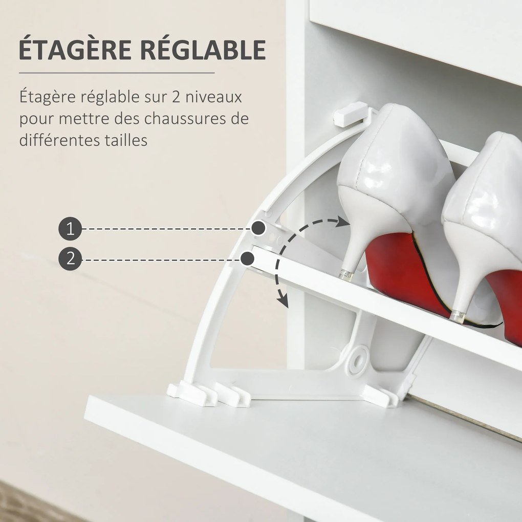 Sapateira com 2 gavetas rebatíveis, prateleira ajustável + 1 gaveta com capacidade para até 16 pares, 70 L x 29 L x 92 A, Branco
