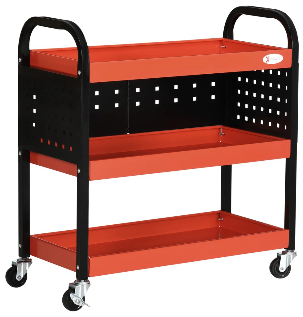 DURHAND Carro de Ferramentas Carro de Oficina de Aço com 3 Prateleiras Rodas e Painéis Perfurados 75x35x80 cm Vermelho e Preto | Aosom Portugal