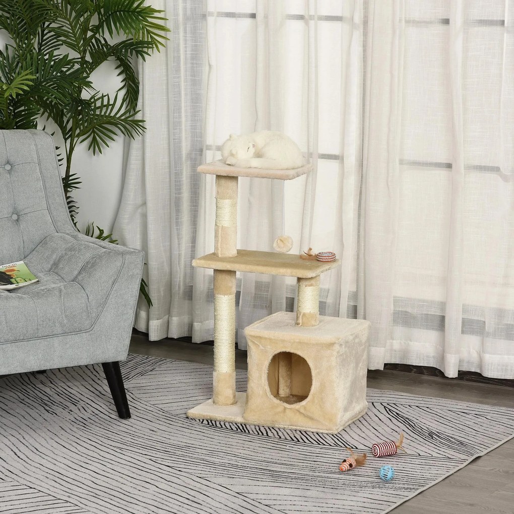Arranhador para Gatos 50x30x81,5 cm Centro de Atividades para Gatos com Poste de Sisal Plataformas e Caverna Bege