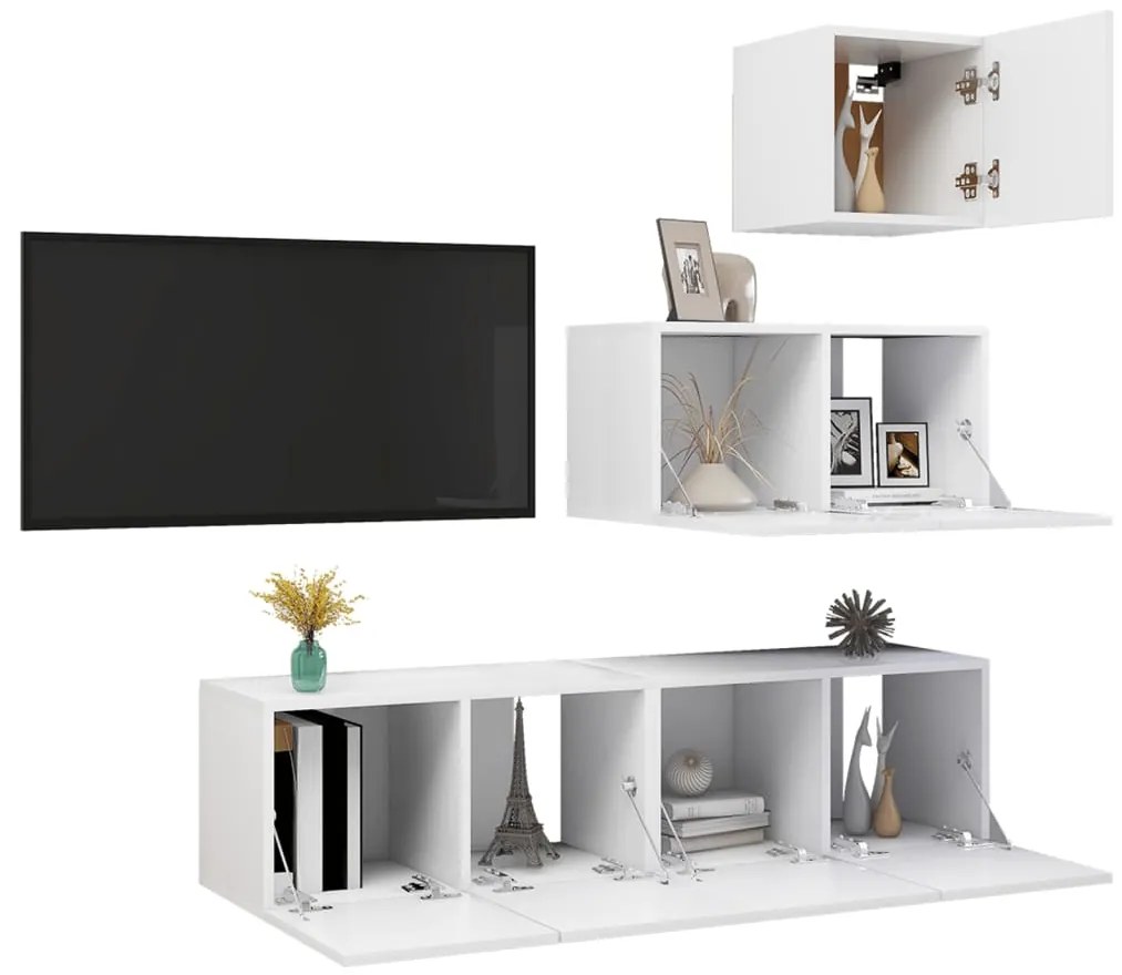 4 pcs conjunto de móveis de TV derivados de madeira branco