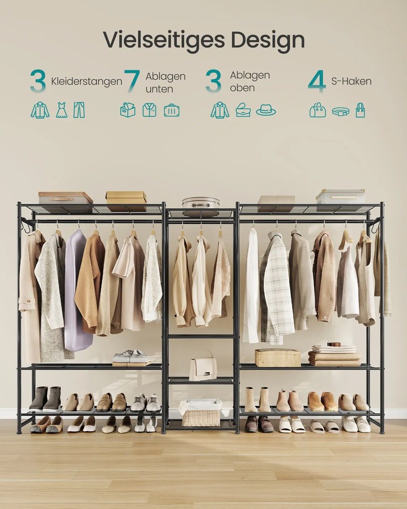 Guarda roupa aberto 30 x 206,4 x 157,1 cm com 10 prateleiras e 3 varões para cabides Preto