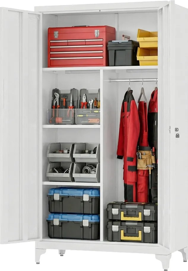 Armário cacifo metálico com varão para pendurar roupa, 2 portas, 5 compartimentos 80 x 40 x 165 cm Cinza