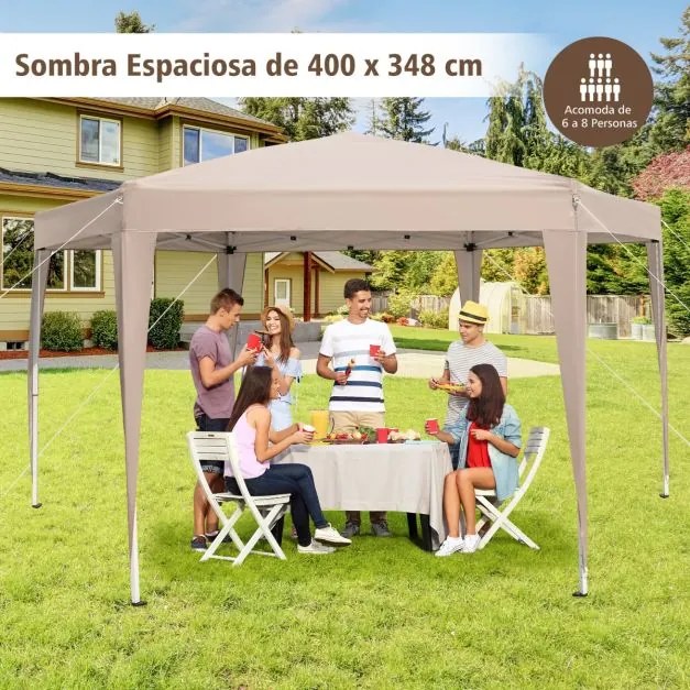 Tenda dobrável hexagonal 400 x 348 cm para exteriores com altura ajustável e pés revestidos cáqui