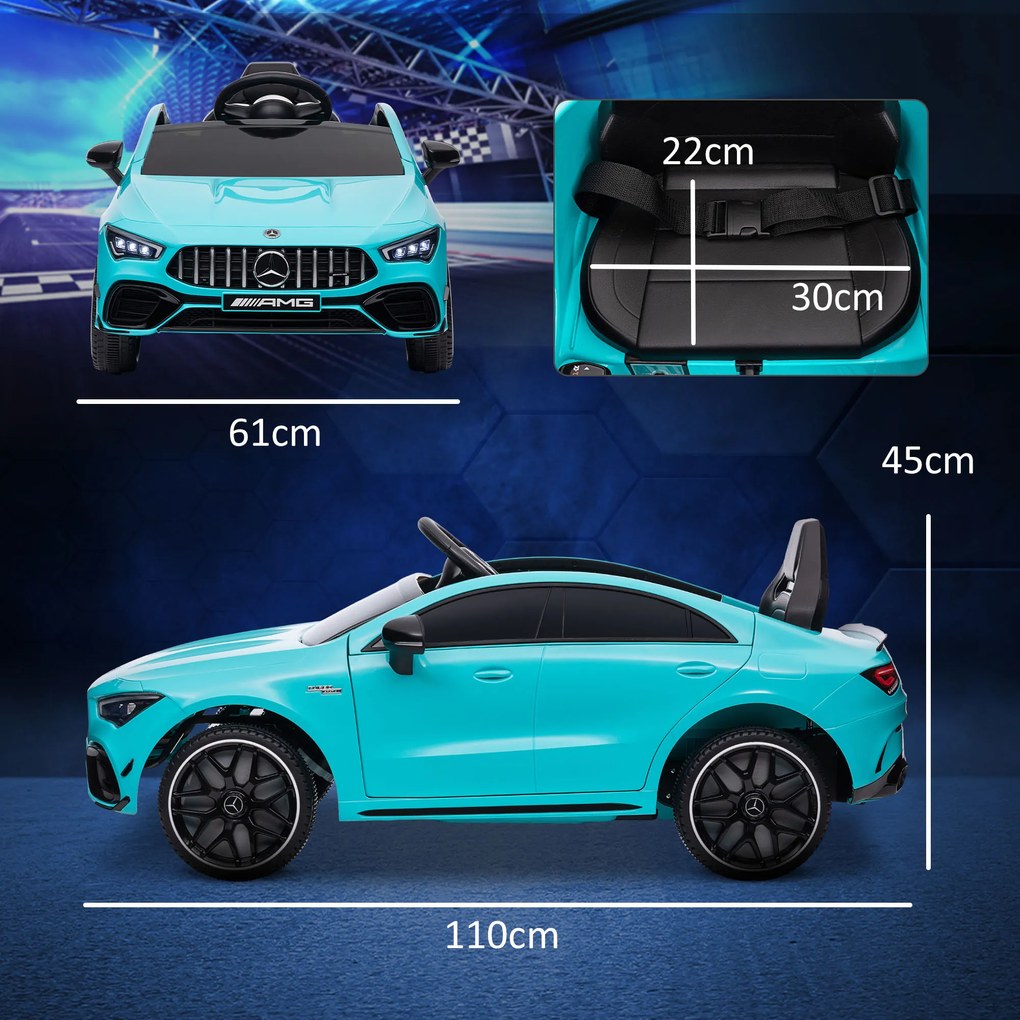 Carro Elétrico para Crianças Carro Mercedes AMG CLA 45 com Bateria 12V Faróis LED Buzina e Música 110x61x45 cm Azul Turquesa