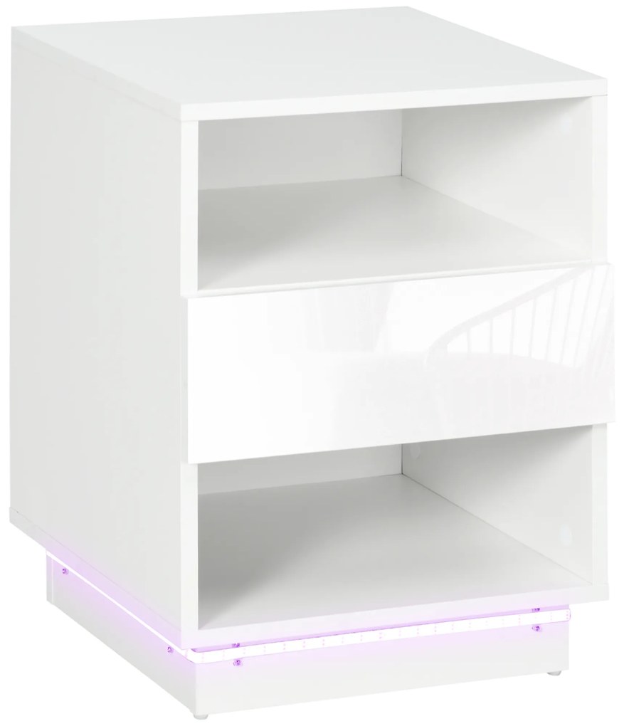 HOMCOM Mesa de Cabeceira Moderna com Luz LED Mesa de Cabeceira com Controlo Remoto Gaveta de Alto Brilho e 2 Prateleiras para Sala de Estar Dormitório 40x40x55 cm Branco