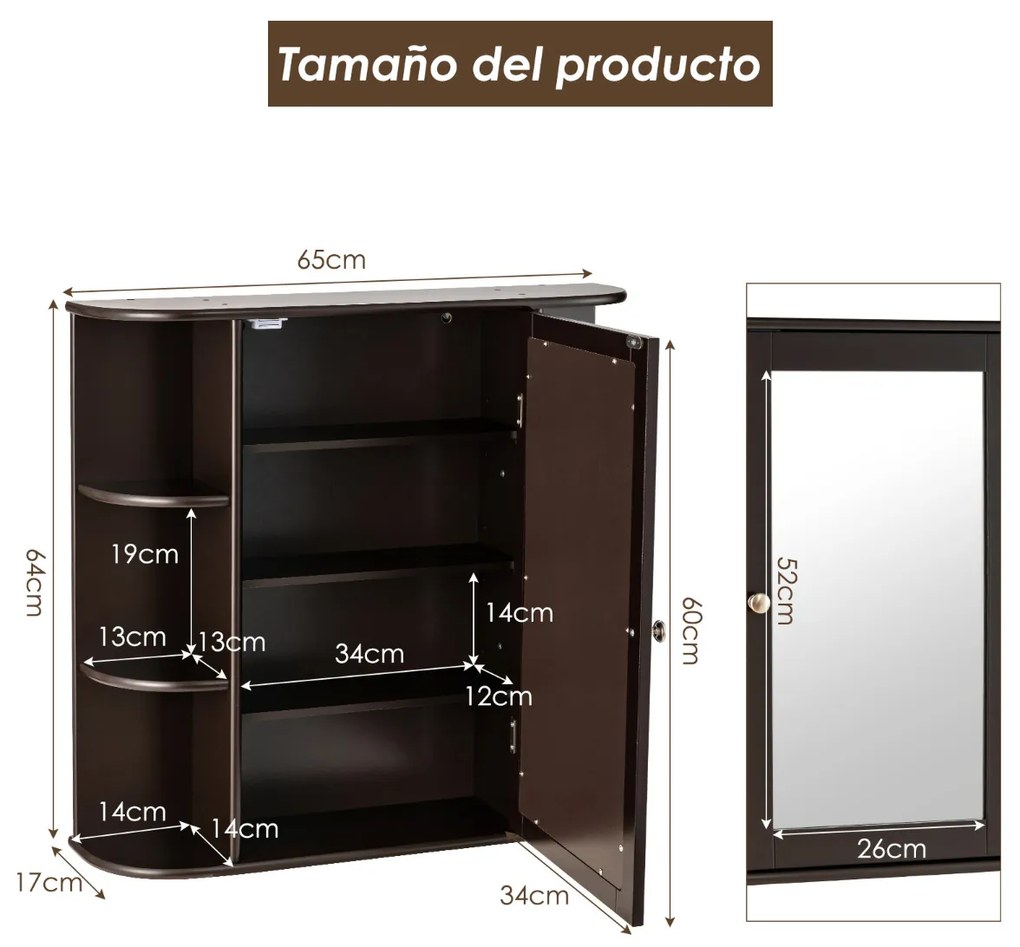 Armário de parede de madeira para casa de banho com espelho 65 x 17 x 64 cm Castanho