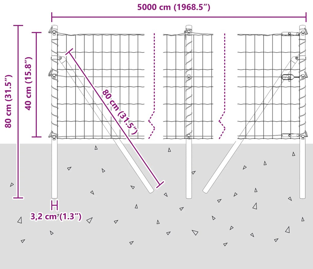 Cerca Euro com 13 Postes 0.4x50 m Aço Galvanizado Cinza