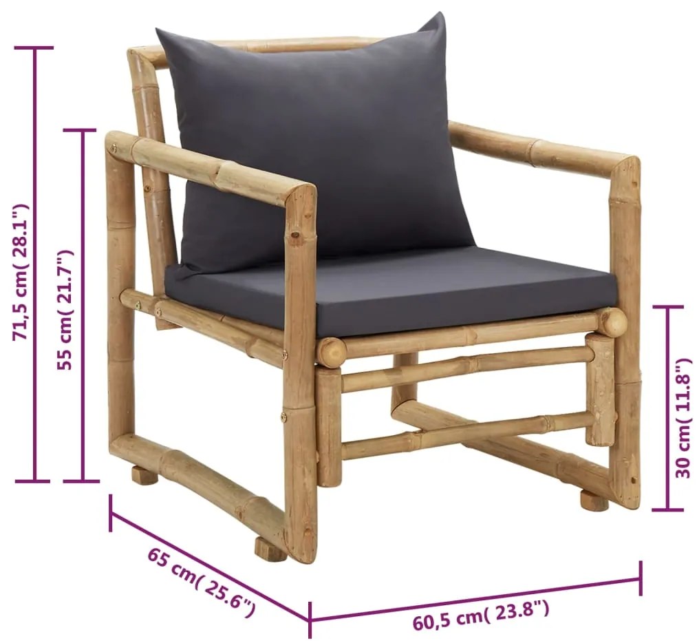 Cadeiras de jardim c/ almofadões 2 pcs bambu