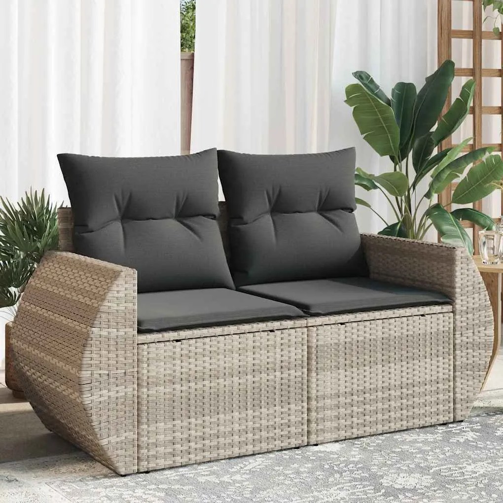vidaXL Sofá jardim de 2 lugares com almofadões vime PE cinzento claro