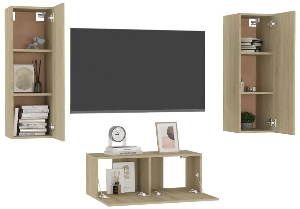 3pcs conjunto de móveis de TV derivados madeira carvalho sonoma